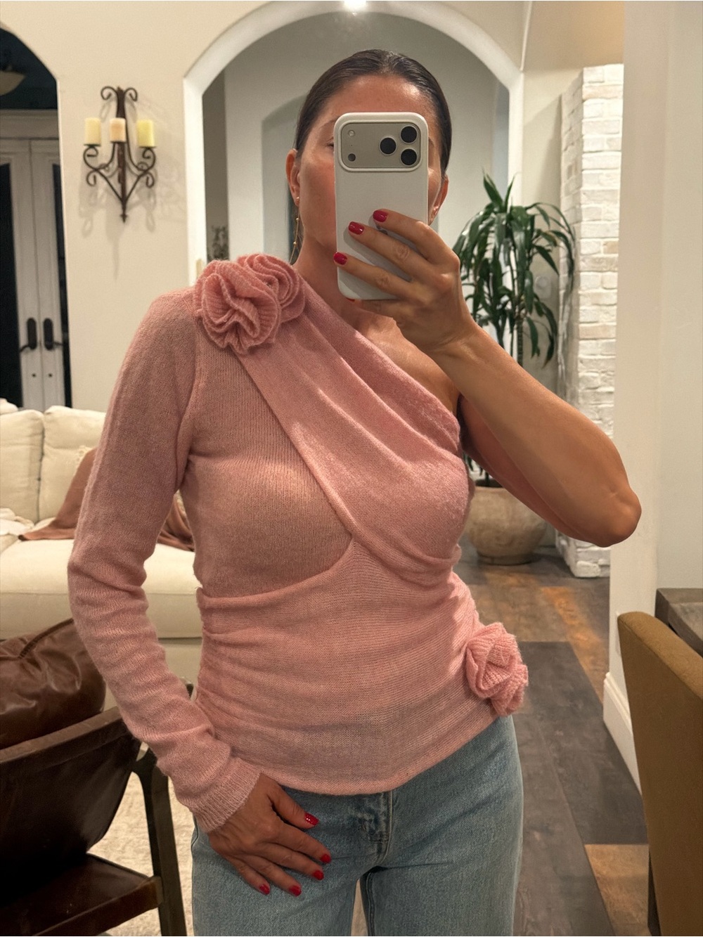 Zara Pink One-Shoulder Flower-Appliqué Sweater